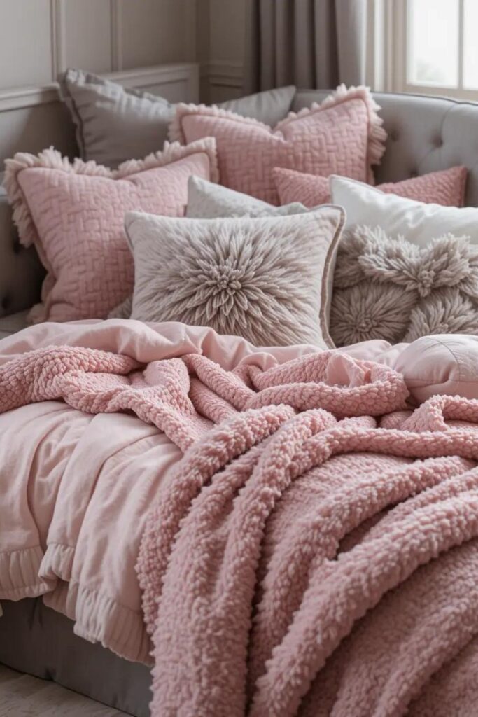 A lounge area with pink and gray bedding, creating a cozy and inviting space.