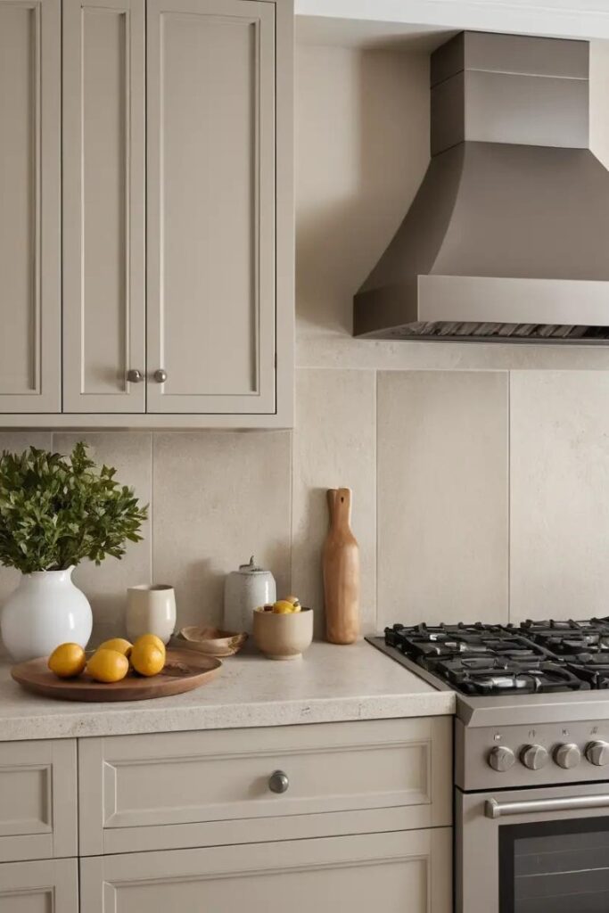 A neutral-toned kitchen with warm gray, beige, and cream for a cozy feel.