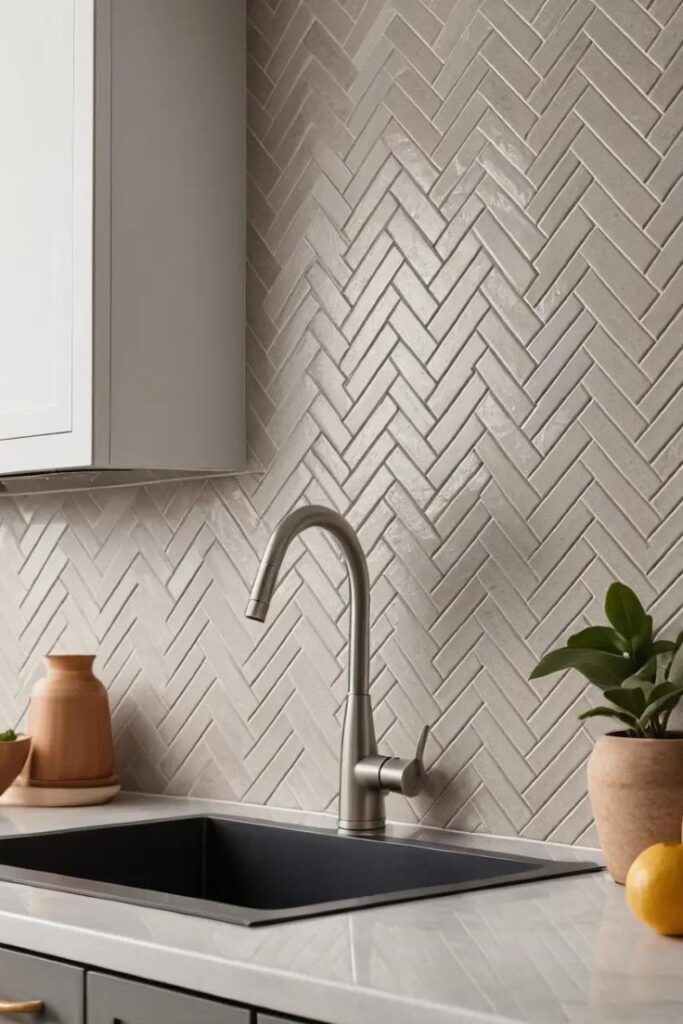 A kitchen with a textured warm gray tile backsplash adding depth and character.
