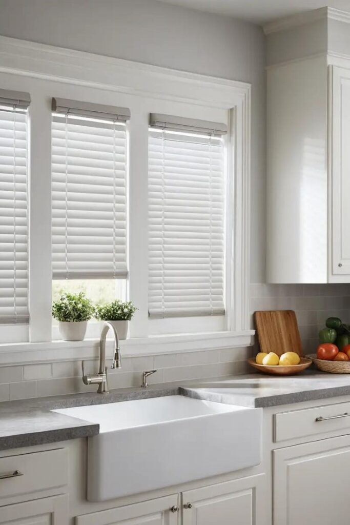 A kitchen with soft gray walls and white cabinets for a light and elegant feel.