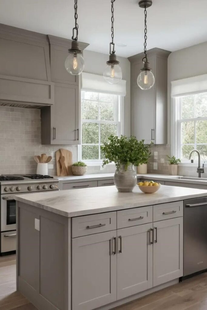 A kitchen featuring a warm gray island as a stylish focal point.