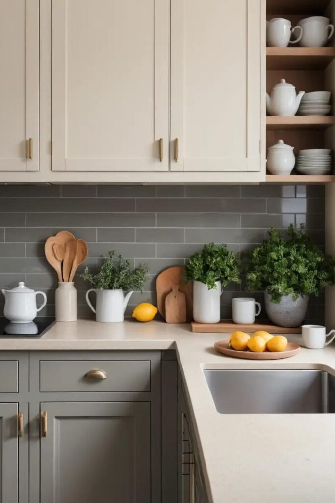 A warm gray and cream kitchen with soft tones for a cozy feel.