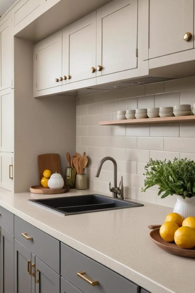A warm gray kitchen with soft textiles and decor for a cozy atmosphere.
