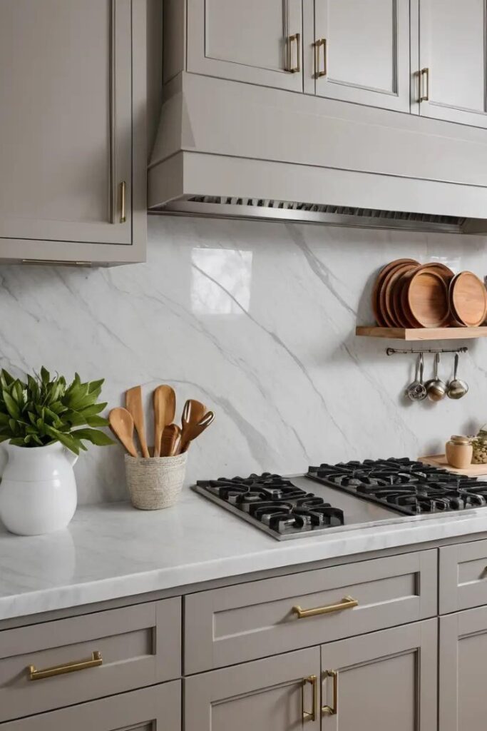A kitchen with warm gray cabinets and marble surfaces for a refined design.