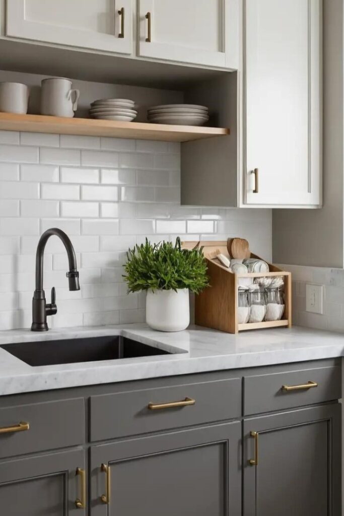 A kitchen with two-toned cabinetry featuring warm gray lower cabinets and white uppers.