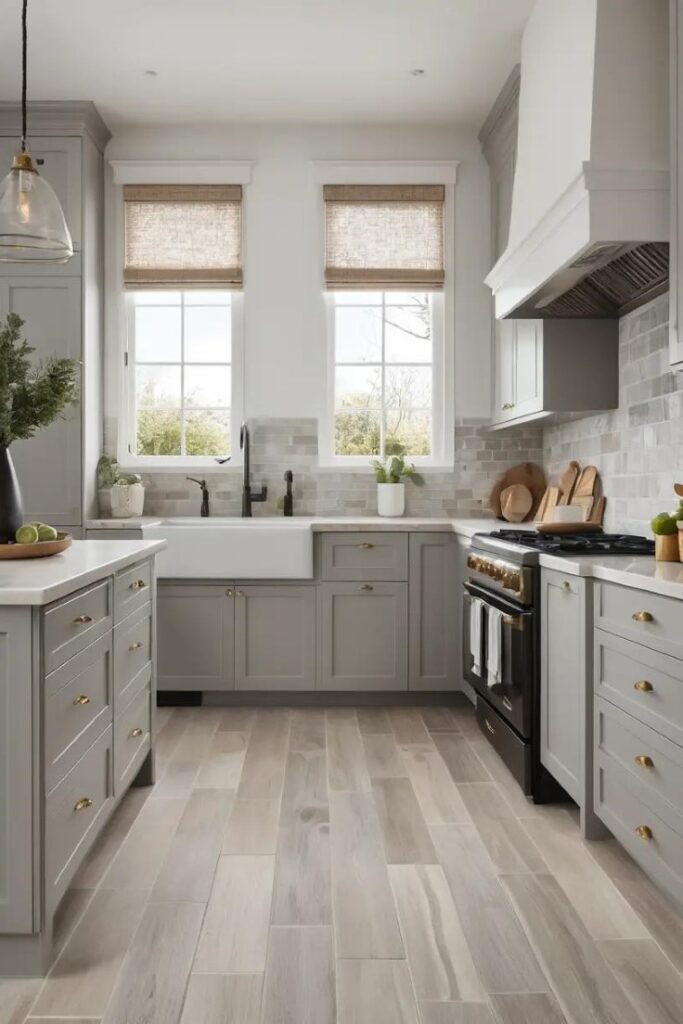 A warm gray kitchen with gray-toned wood or stone flooring for a cohesive design.