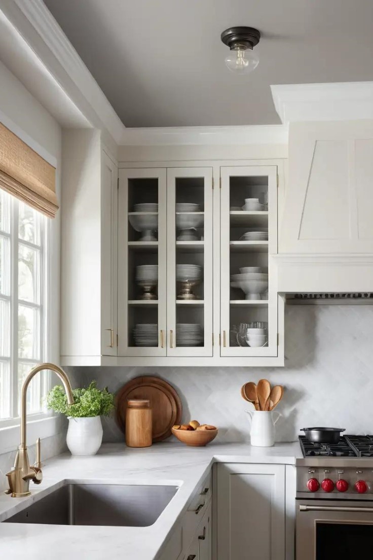 A kitchen with a warm gray ceiling contrasting against light walls and cabinetry.