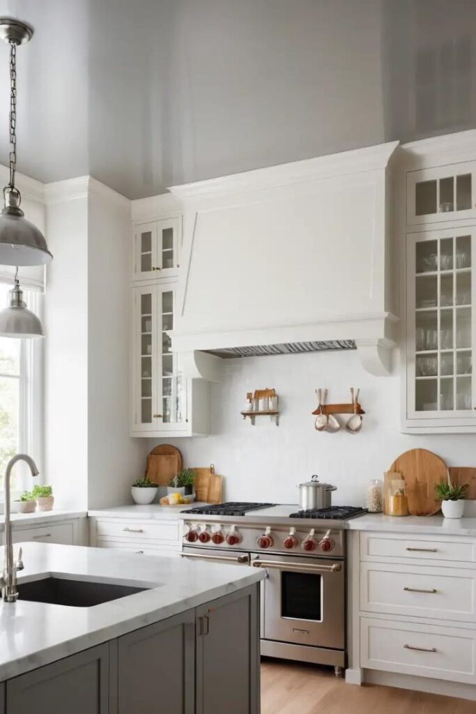 A kitchen with a warm gray ceiling contrasting against light walls and cabinetry.