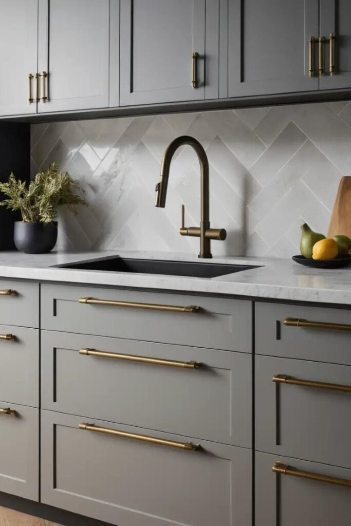 A kitchen with mixed metal finishes complementing warm gray cabinetry.