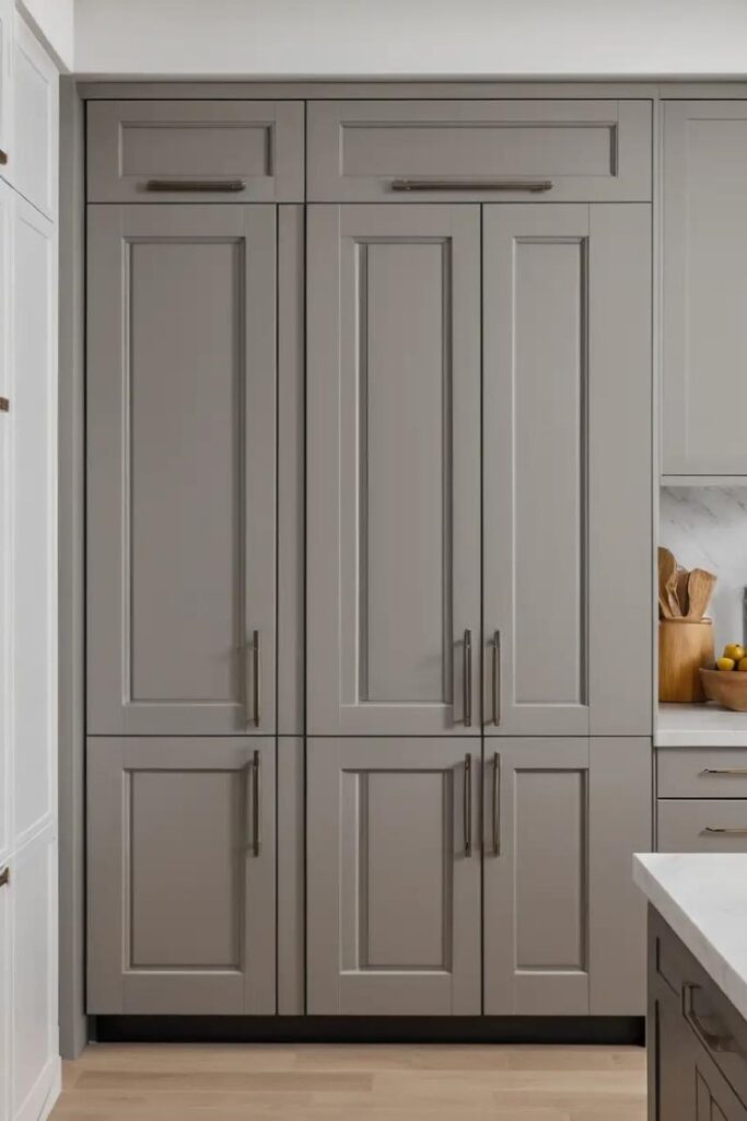 A warm gray pantry door subtly enhancing a stylish kitchen.