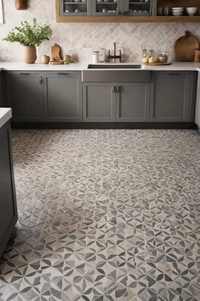 A kitchen with patterned warm gray tiles adding texture and elegance.
