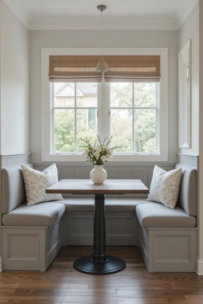 A cozy breakfast nook with warm gray bench seating and soft textiles.