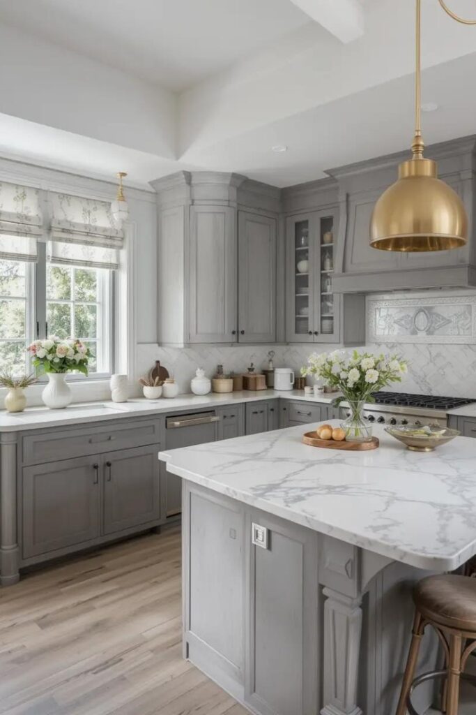 A kitchen with brass pendant lights complementing warm gray tones.