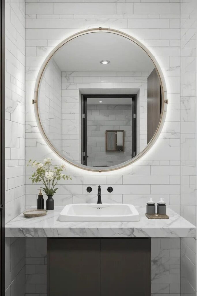 Modern bathroom with an oversized round mirror above the vanity, featuring a brass frame and white tiled walls.