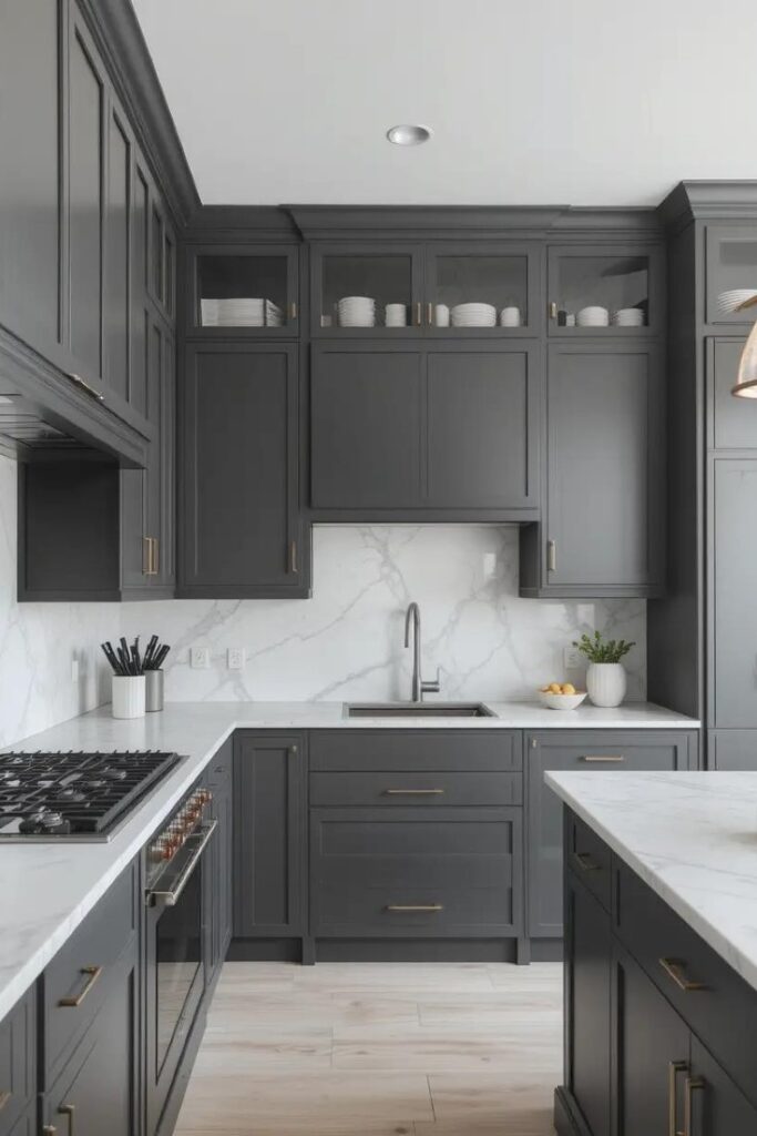 Minimalist kitchen with dark gray cabinets, white marble countertops, and glass-front uppers.