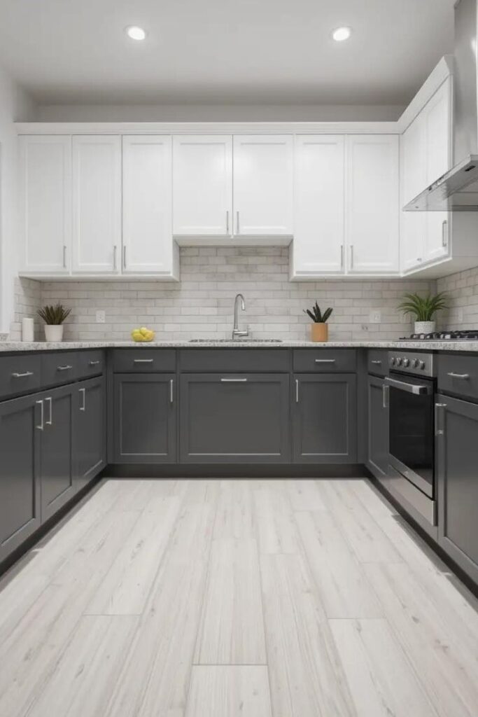 Two-tone kitchen featuring dark gray lower cabinets and white upper cabinets.
