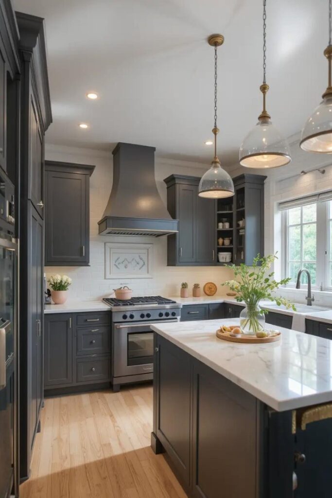 Light kitchen with a dark gray island and pendant lighting.