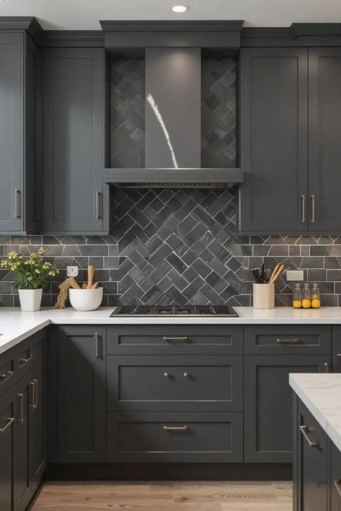 Dark gray subway tile backsplash in a modern minimalist kitchen.