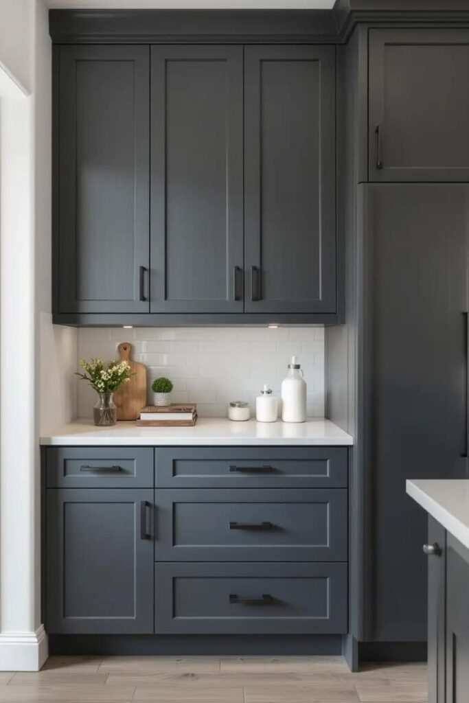 Kitchen with matte dark gray cabinets and minimal black hardware.