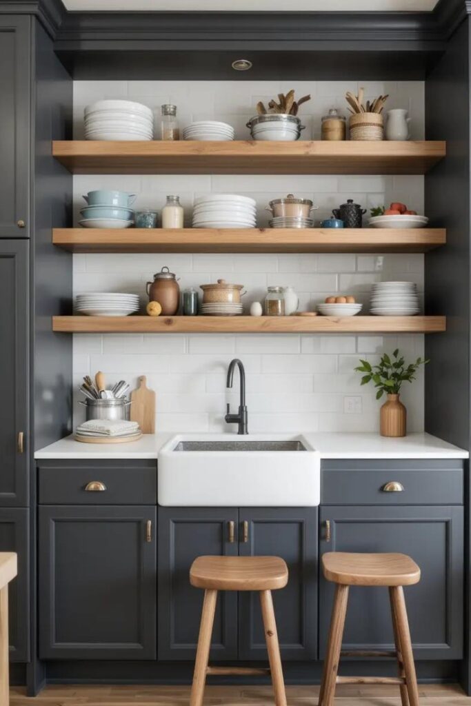 Dark gray kitchen accented with warm wooden shelves and stools.