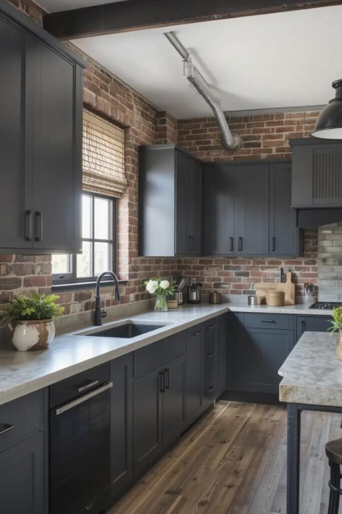 Industrial dark gray kitchen with concrete surfaces and brick wall.