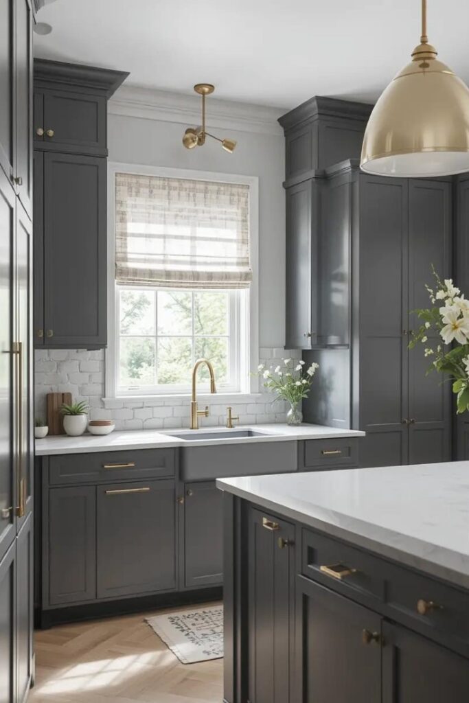 Dark gray kitchen with elegant brass handles and fixtures.