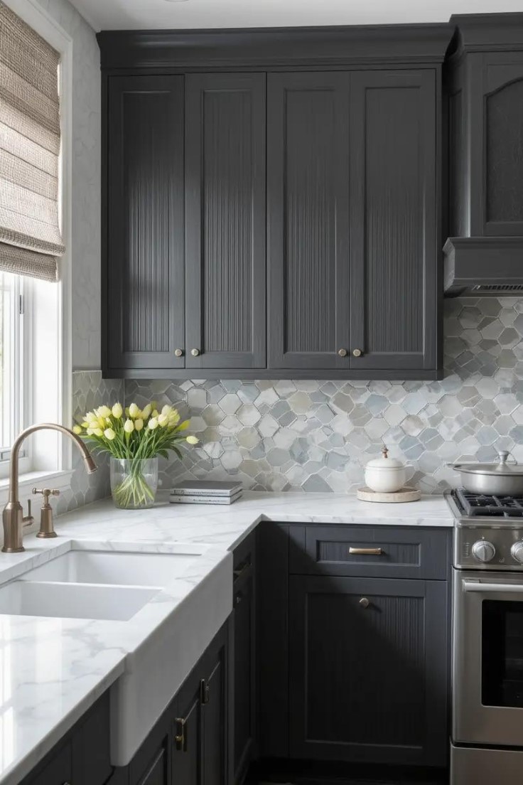 Dark gray kitchen with textured cabinets and detailed tilework.