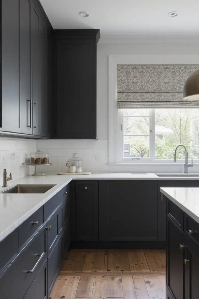 Dark gray kitchen with eye-catching statement lighting.