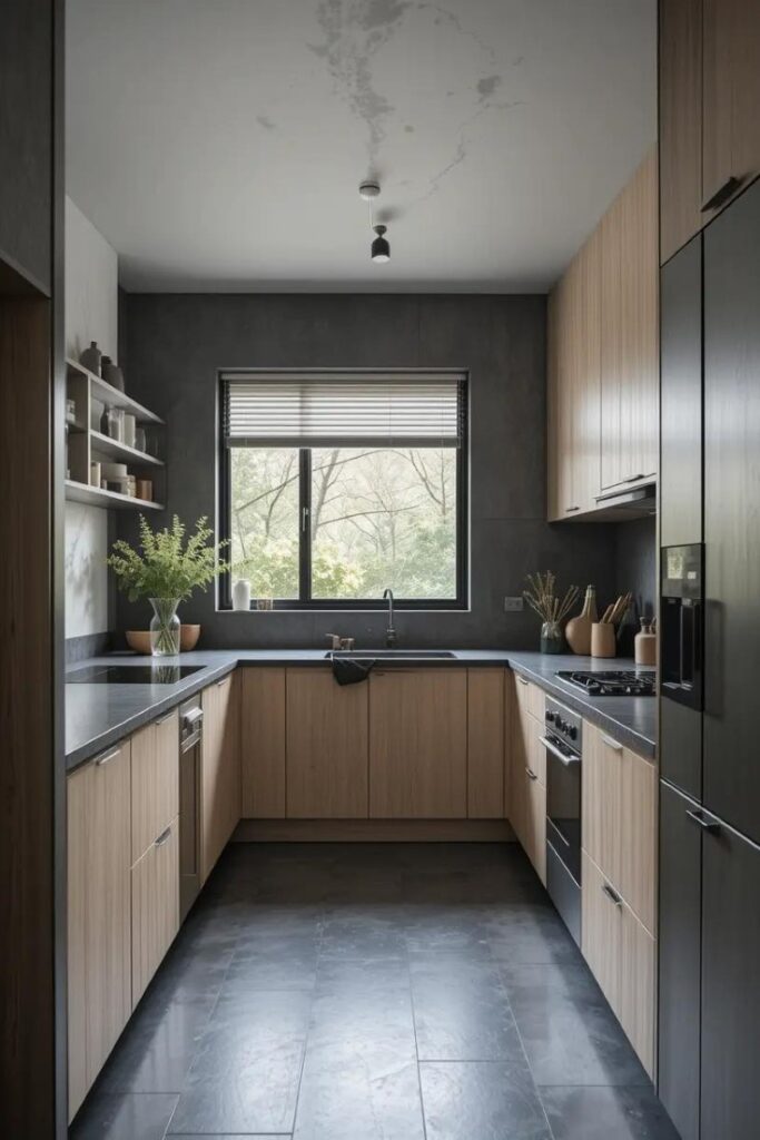 Minimalist kitchen with dark gray concrete surfaces for an industrial feel.