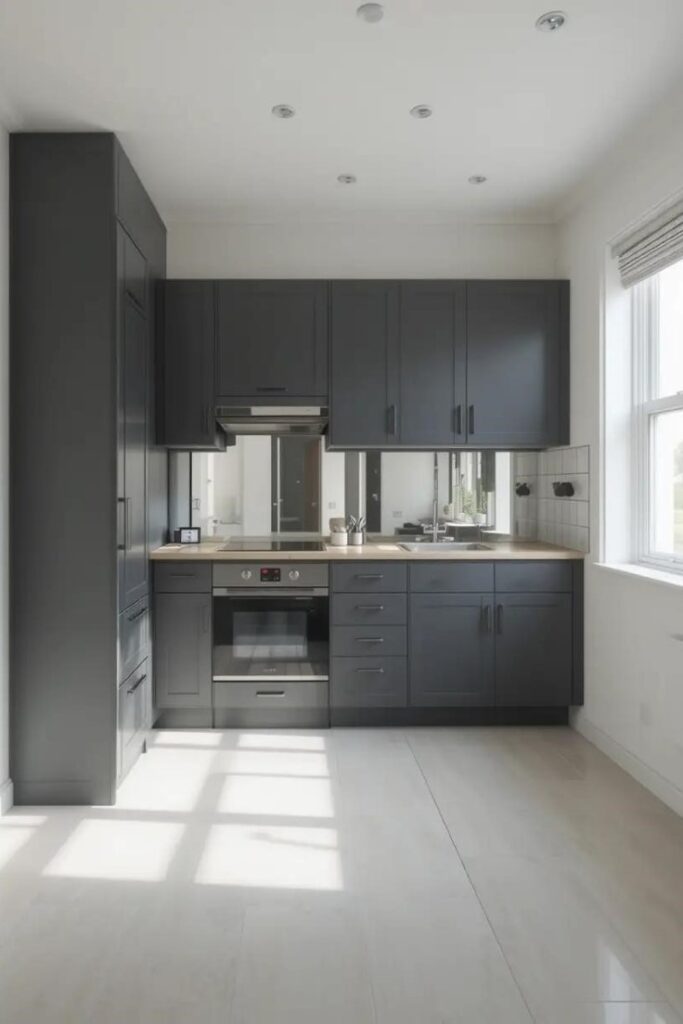 Small kitchen using dark gray and reflective surfaces to maximize space.