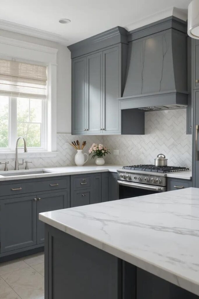 Elegant kitchen featuring gray cabinets and white marble countertops with subtle gray veining, creating a light, refined contrast in a sleek design.