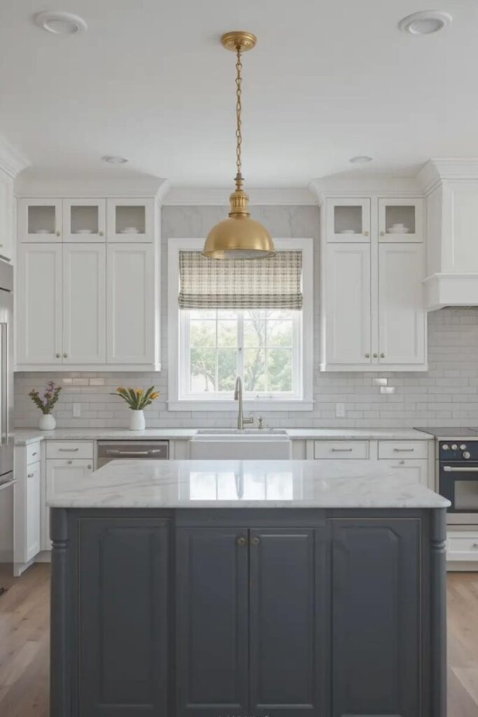 Modern kitchen featuring a dark gray island as the focal point, surrounded by lighter cabinets and topped with a bright marble surface.