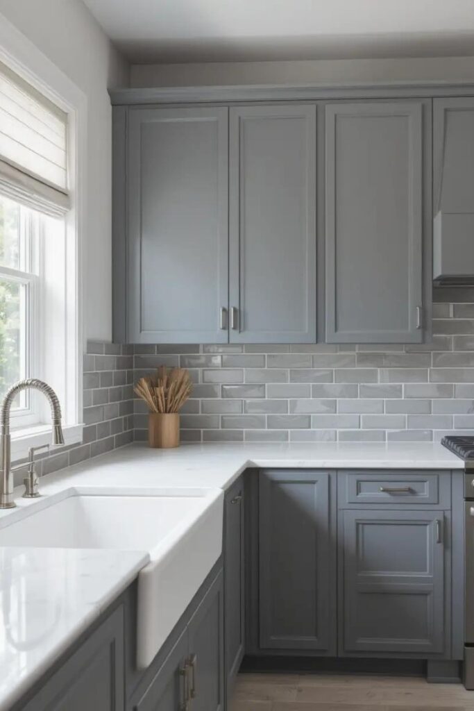 Gray kitchen with textured ceramic backsplash tiles, adding depth and visual interest against smooth matte cabinetry and clean surfaces.