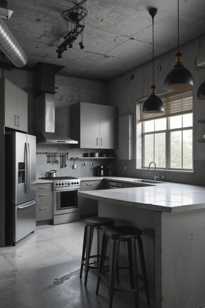 Industrial gray kitchen featuring concrete counters, metal accents, and stainless steel appliances, with a raw, modern aesthetic.