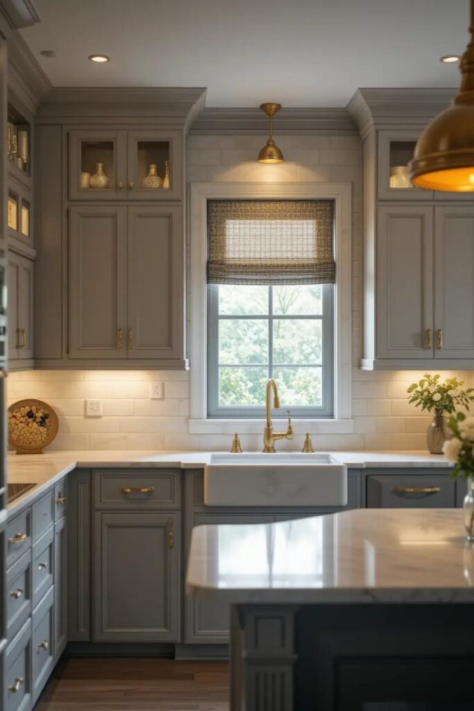 Elegant gray kitchen with soft cabinetry tones complemented by warm brass hardware and fixtures, adding subtle luxury to a modern space.