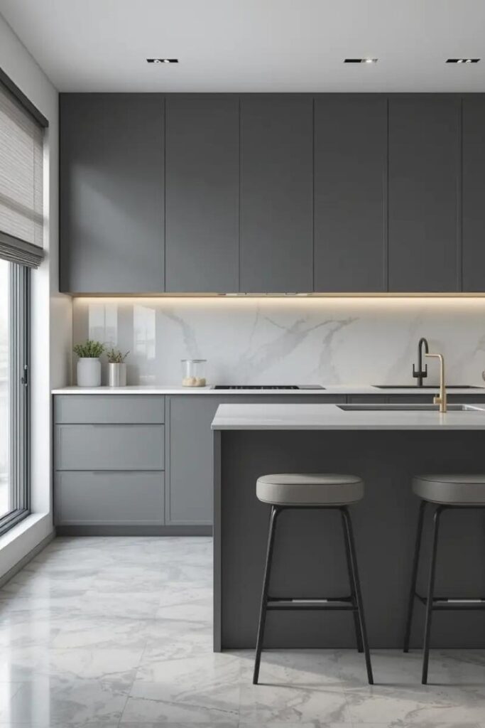 Sophisticated gray kitchen with matte cabinetry finishes, creating a soft, modern feel with low sheen and clean lines.