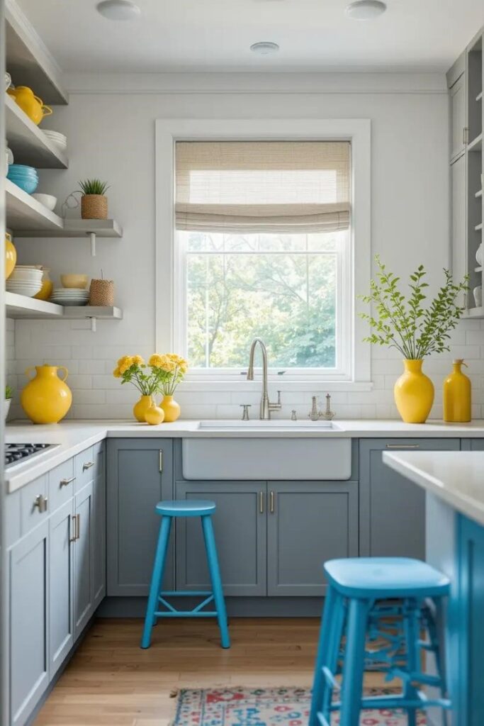 Neutral gray kitchen with colorful accents, including vibrant stools and accessories, adding personality to a soft, gray foundation.
