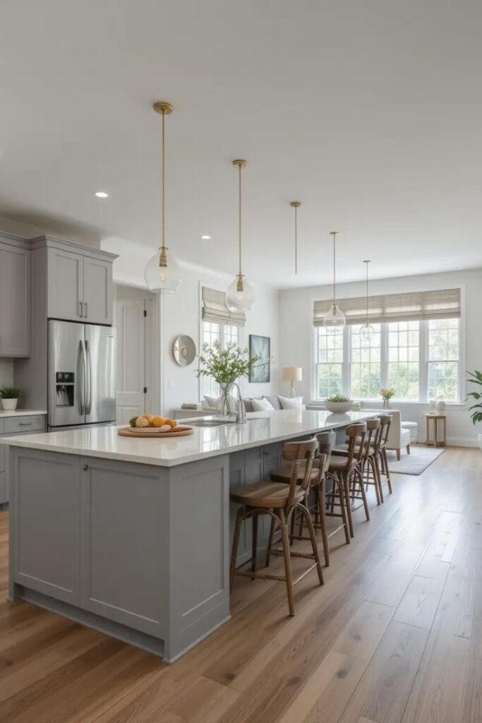 Light gray kitchen in an open-concept home, seamlessly connected to living spaces for a bright, unified layout.