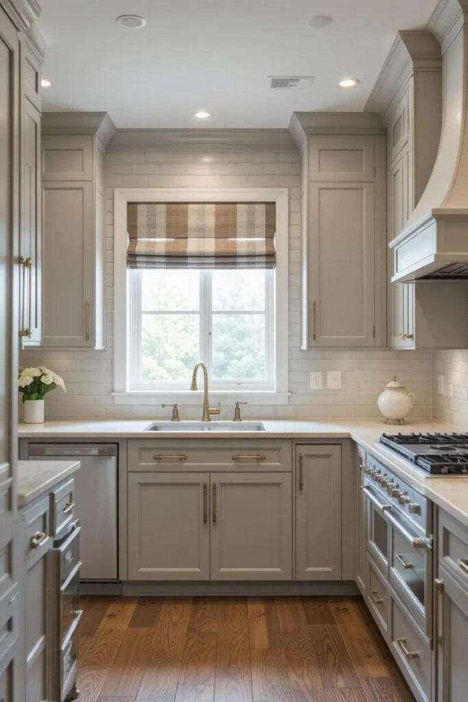 Warm greige kitchen blending gray and beige cabinetry with soft brass fixtures and natural textures for a cozy, transitional style.
