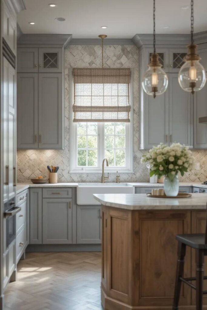 Gray kitchen combining wood, stone, and glass for a layered look, creating depth and interest while keeping a neutral, sophisticated tone.