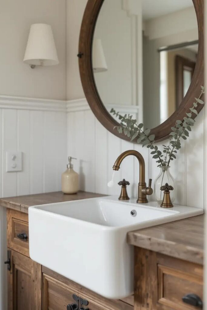 Farmhouse apron sink with rustic vanity and bronze faucet in a neutral bathroom.