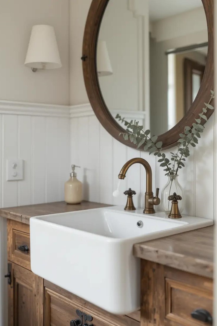 Farmhouse apron sink with rustic vanity and bronze faucet in a neutral bathroom.