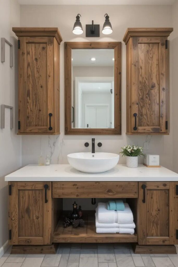 Wooden farmhouse bathroom vanity with barn doors and minimalist black fixtures.