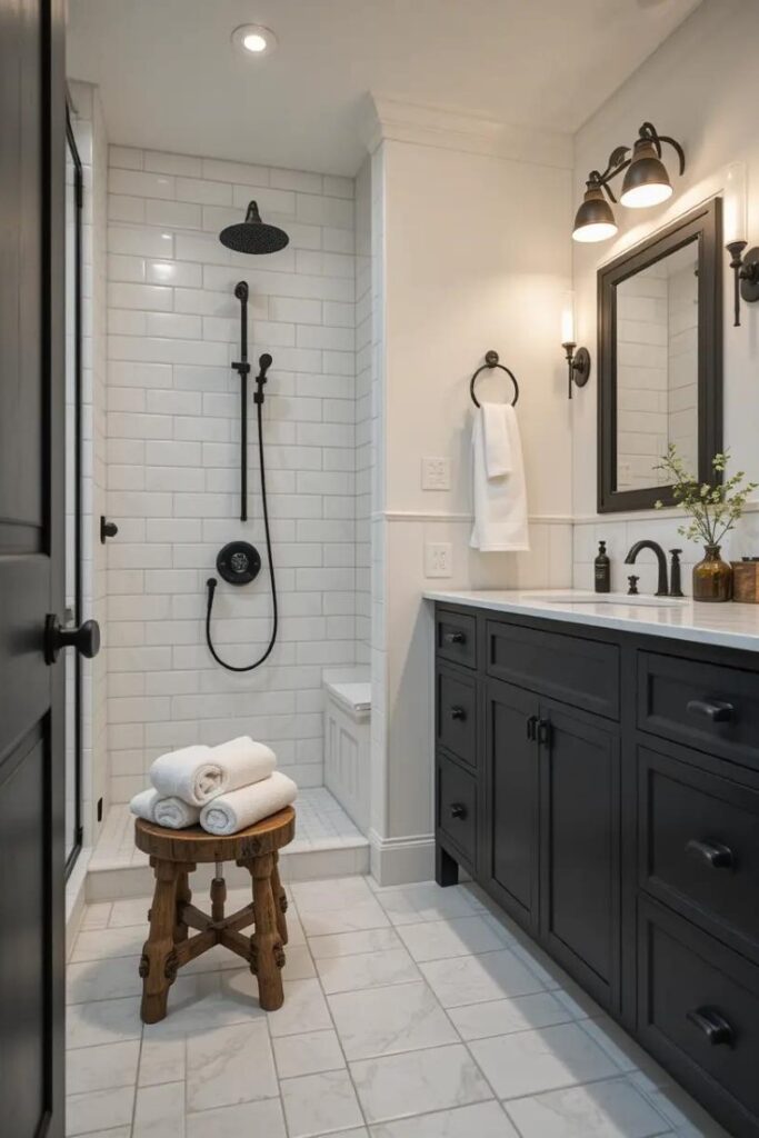 Matte black bathroom fixtures in a farmhouse setting with white tile and wood accents.