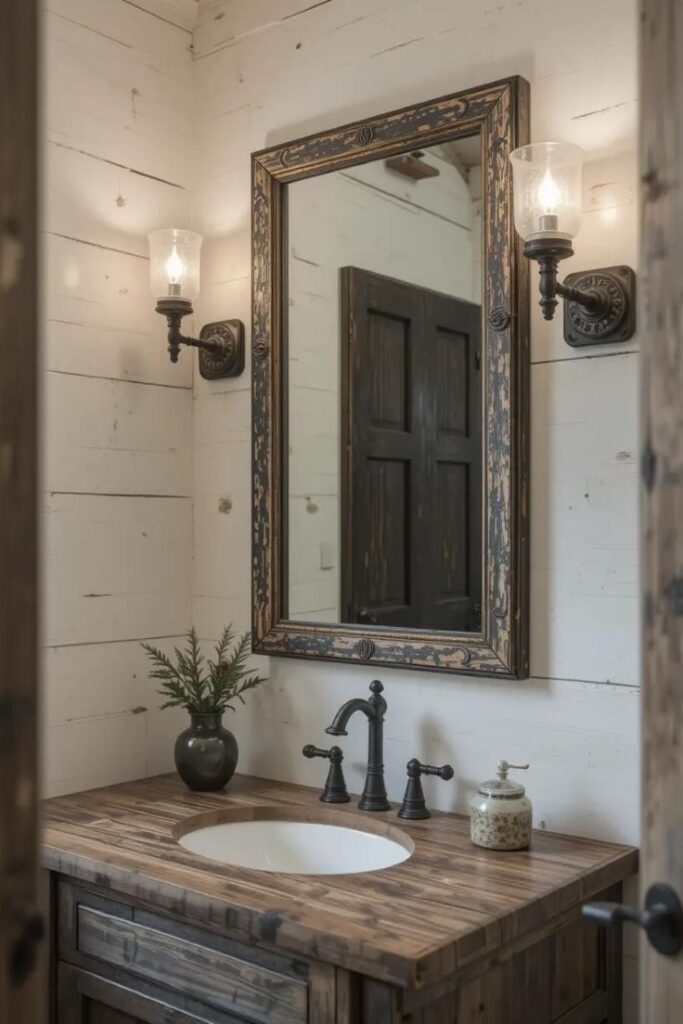Vintage farmhouse lighting with metal sconces and rustic mirror in a neutral bathroom.