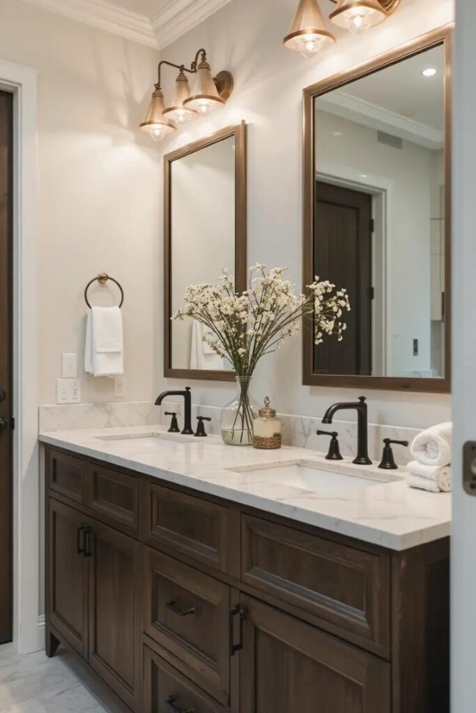 Farmhouse bathroom with mixed metal fixtures—black, brass, and copper touches.