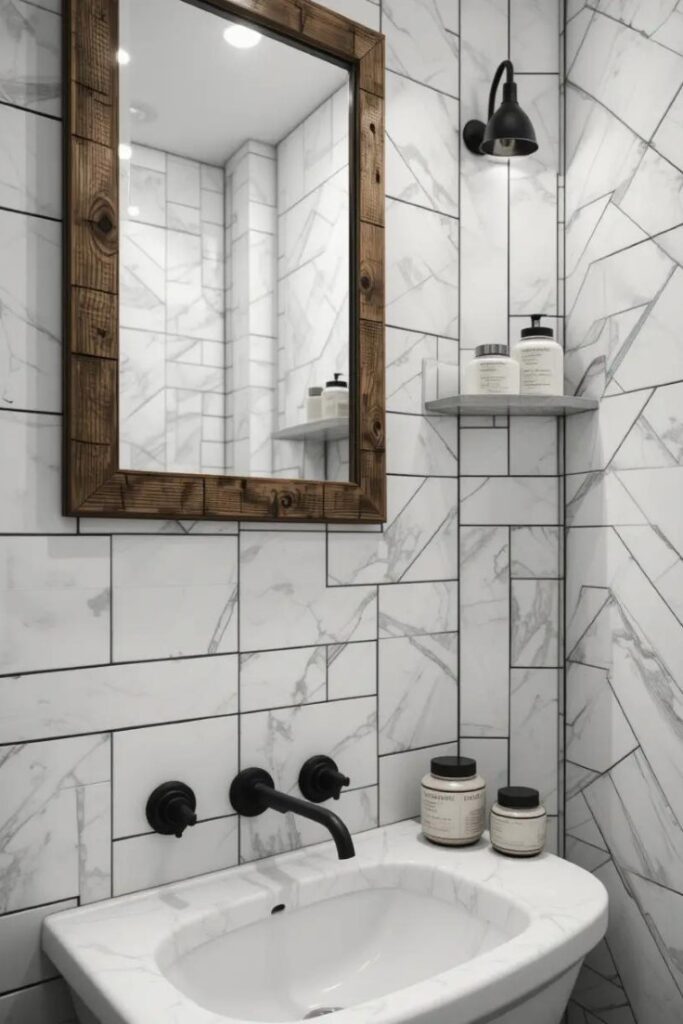 White subway tile in herringbone layout with black fixtures and rustic accents.