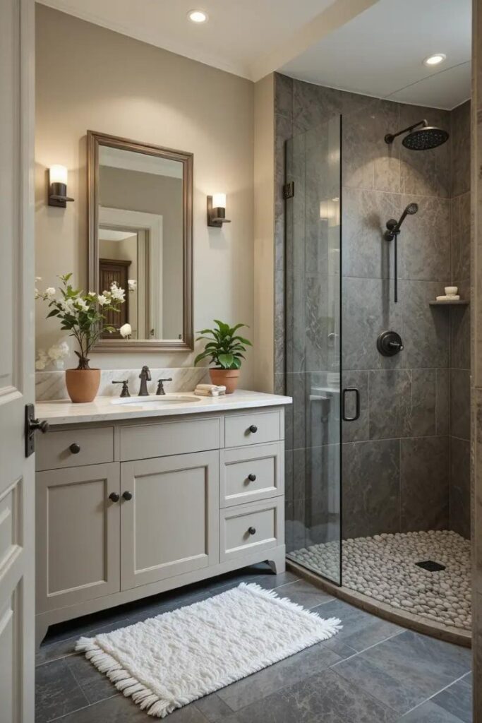 Natural stone like marble and slate featured in a cozy farmhouse bathroom.