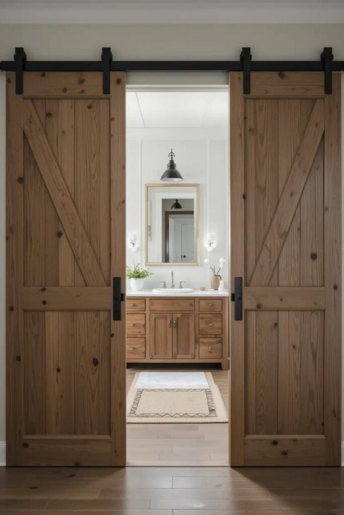 Sliding barn door with black hardware in a modern rustic farmhouse bathroom.