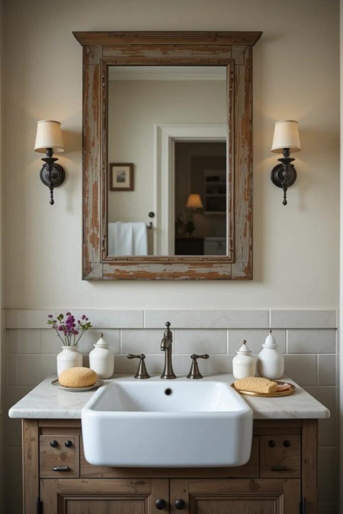 Distressed vintage mirror over a farmhouse sink with antique-inspired accessories.